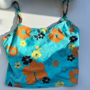 Y2K Style Vintage Turquoise Floral Tankini Top with Orange & Yellow Flowers
